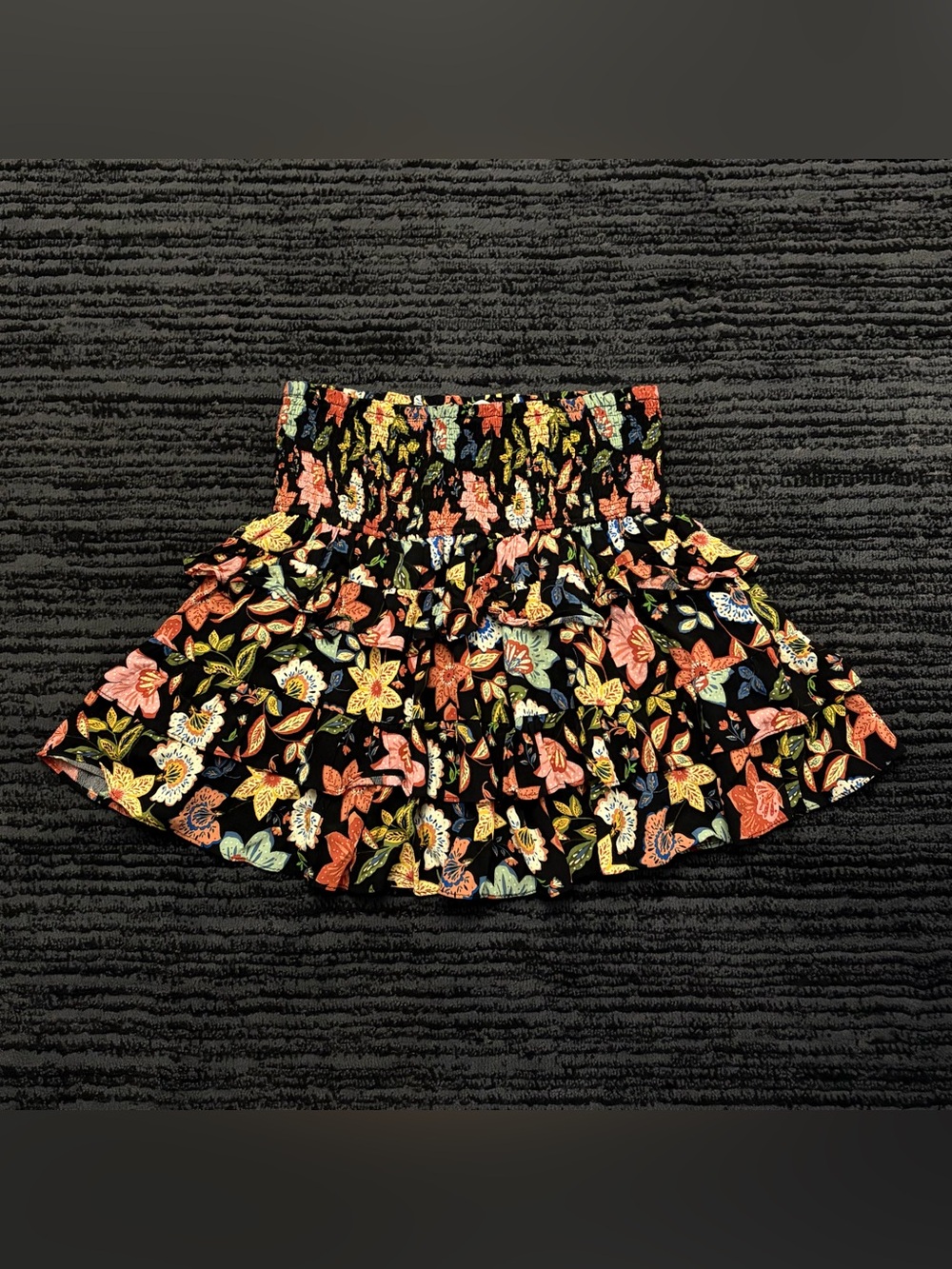 The Impeccable Pig Olivaceous Floral Tiered Elastic Smocked Waist Mini Skirt